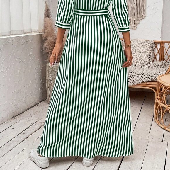 Green Boho Womens Striped Belted Shirt Dress - Picture 2 of 5